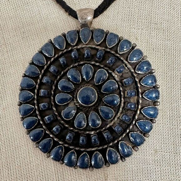Blue beaded medallion pendant necklace on cord - Picture 1 of 9